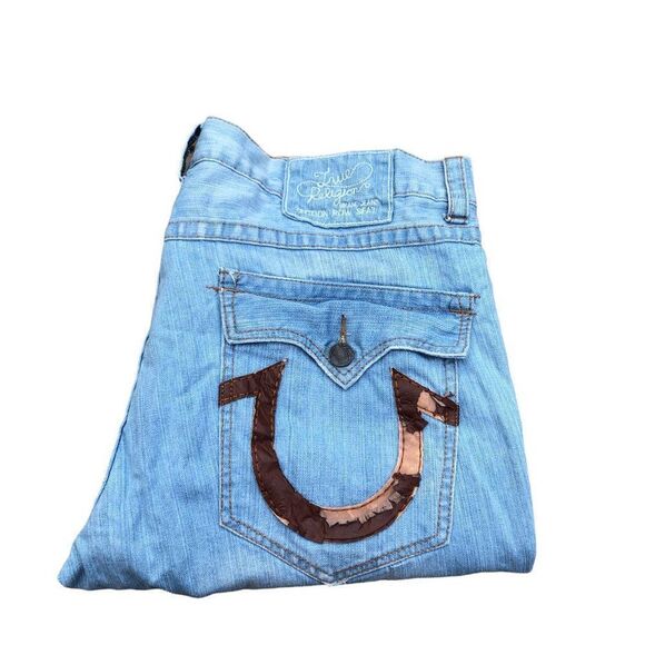 True Religion Jeans Size 40 Blue Leather Horseshoe - Picture 8 of 10
